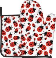 Oven Mitt and Pot Holders 2 Piece Set Cartoon Red Ladybug Cotton Lining Non-Slip BBQ Gloves