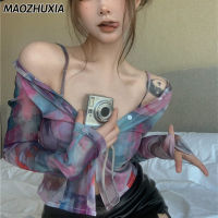 MAOZHUXIA เสื้อคอวีไล่ระดับสีผู้หญิงเสื้อตาข่ายสั้นเซ็กซี่รสเผ็ดหวานและเผ็ด