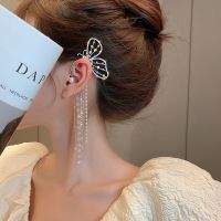 Fashion Shiny Rhinestone Butterfly Ear Clip Cuffs Long Tassel Pearl Clip Earrings For Women Girls Ear-Hook Jewelry