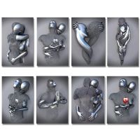 Modern Love Heart Grey Canvas Art Painting &amp; Metal Figure Statue - Ideal Living Room Wall Decor 0919