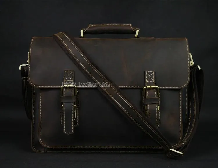 FANCODI Vintage Crazy Horse Leather Men Briefcase Laptop Bag 14