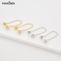 {Han ornaments}PANAOBEN 925ต่างหูเงินสำหรับผู้หญิงทองดาวเพทายลูกปัดโซ่เจาะคลิปผู้หญิงห้อยต่างหูแต่งงานคริสตัล