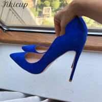 Tikicup Solid Royal Blue Women Curl Cut Flock Pointy Toe รองเท้าส้นสูง8ซม. 10ซม. 12ซม. Faux Suede Stiletto ปั๊ม ~