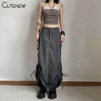 Cutenew Ins แฟชั่น Overalls Street สไตล์สูงเอวหลวม Maxi A-Line กระโปรง Drawstring ยืด Fit Casual Womens