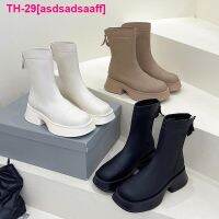 asdsadsaaff Botas femininas de fundo Grosso botas finas couro macio real estilo britânico zíper traseiro curtas มัฟฟิน 2022