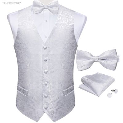 ☒► Mens Wedding Suit Vest Fashion Bow Tie Handkerchief Cufflinks Formal Business Silk Waistcoat Gilet Men Clothing DiBanGu