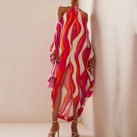 【YF】 Fashion Striped Irregular Long Dress Sexy Off Shoulder Sleeve Party Women Elegant Hanging Neck Tie-up Backless