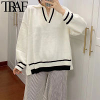 TRAF Women Fashion Patchwork Loose Knitted Sweater Vintage Long Sleeve Side Vents Female Pullovers Chic Tops