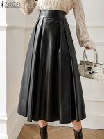 【CW】 Fashion Leather Skirts Pleated Skirt Elastic Waist Loose ZANZEA Office Faldas Saias Jupe Oversized