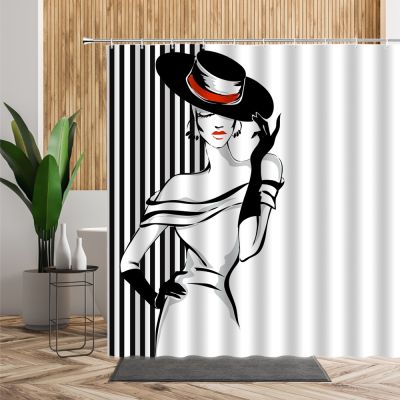 Fashion Girl Pattern Shower Curtain Black And White Striped Bathroom Decor Shower Curtain With Hook