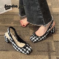 Women Heeled Sandals Retro Square Toe Mary Janes Pumps Shoes Slingbacks Spring Summer High Heels Plaid Shoes