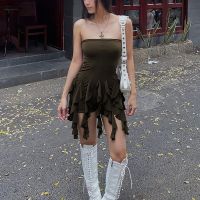 Strapless one word led strapless dress with tight package hip tassel agaric dress sexy sweet spicy irregular short skirts