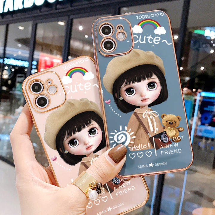 คลังสินค้าพร้อม-เคสเคสมือถือสำหรับ-xiaomi-redmi-note-12-4g-พร้อมฟรีสายคล้อง-การ์ตูนสาวน่ารักขอบสี่เหลี่ยมชุบเคลือบฝาหลังนิ่ม