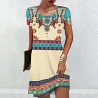 Vintage Womens Dresses Summer Ethnic Style Short Sleeve Tops Fashion Loose A-Line Skirt New Elegant Lady Vacation Dresses 2023