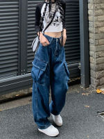 SUZZIN หลวมเอวสูงกางเกงยีนส์สีน้ำเงินเข้มสบายๆกางเกงขากว้างตรงสำหรับผู้หญิง