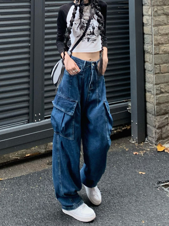 suzzin-หลวมเอวสูงกางเกงยีนส์สีน้ำเงินเข้มสบายๆกางเกงขากว้างตรงสำหรับผู้หญิง