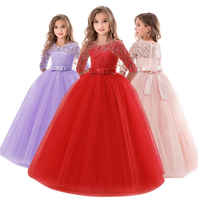 Fashion Long Gown Girl Formal Princess Dress Wedding Party Half-Sleeve Dress Children Baptism Costume for 6-14 Years Girls Robe