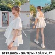 Set Bộ Voan Baby Doll Tiểu Thư Áo Tay Phồng Cột Dây Sau