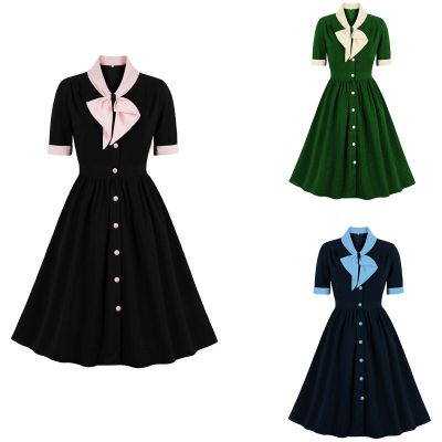 HOT11★Women Vintage Bow Solid Dress Retro Rockabilly 2023 Elegant tail Party 1950s 40s Swing Dress Summer Dress Short Sleeves