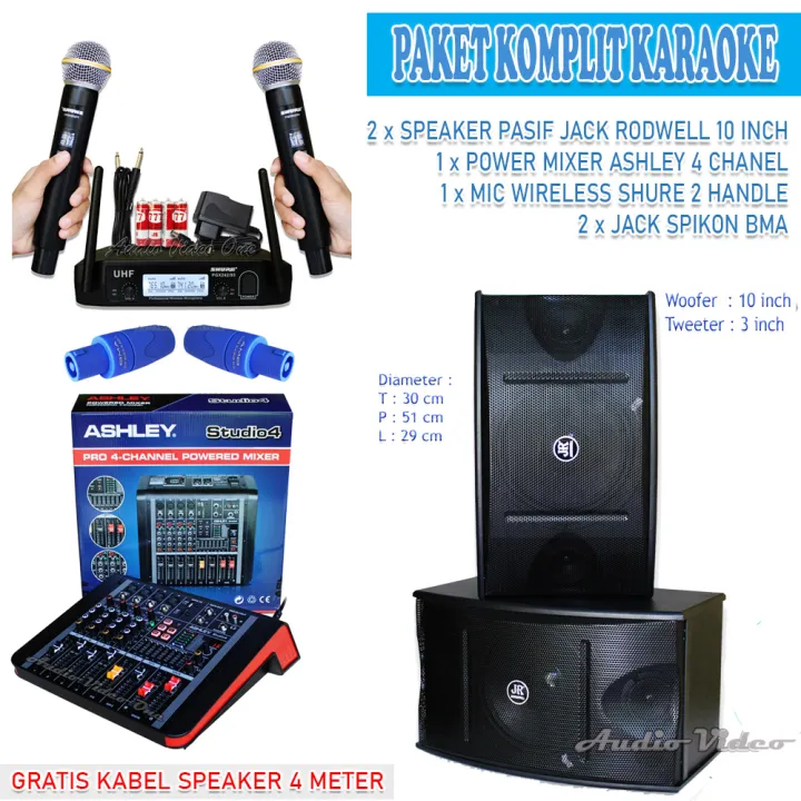 Paket Karaoke Komplit Mic Wireless Shure Power Mixer Ashley 4 Chanel