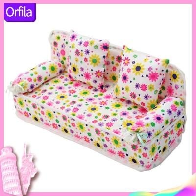 Kids Miniature Flower Sofa Mini Cloth Floral Prints Sofa with Cushions Toy Doll House Furniture Toys
