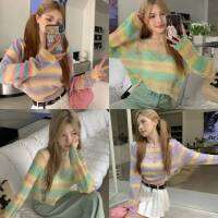 ?เสื้อครอปสั้นลายทาง แขนยาว ดีเทลขาดๆ สินค้าพร้อมส่ง ( 4Y87 )-C