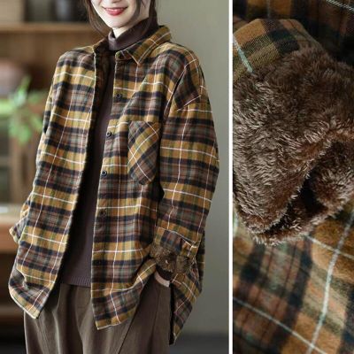 ‘；’ MEXZT Women Thick Plush Warm Plaid Shirts Vintage Pocket Loose Y2k Blouse Autumn Winter Female Casual Korean Long Sleeve Tops