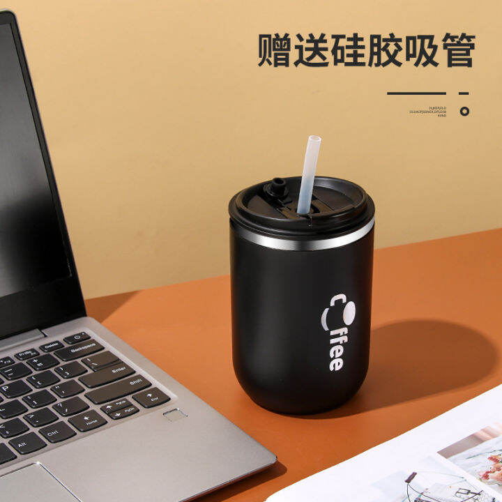 แก้วกาแฟ304สแตนเลสแก้วแบบมีฝาปิดฟางแก้วสองชั้นความจุมากแก้วน้ำของขวัญสนุกๆ