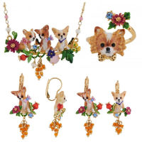 Europe and America Chihuahua Series Enamel Glaze Corgi Puppy Pink Flower Green Leaf Clavicle Necklace Earrings Ear Clip Ring