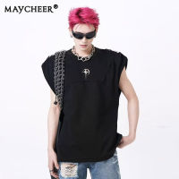 MAYCHEER   เสื้อสแนปกระดุมเปิดไหล่เสื้อยืดแขนกุดใหม่สำหรับผู้ชายฤดูร้อน