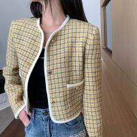 Early Autumn New Yellow Plaid Wool Tweed Vintage Long Sleeve Coat