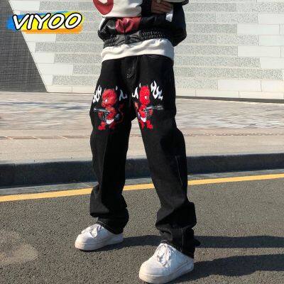 【CC】♤●  Mens Jeans Printed Street Baggy Straight Trousers Streetwear Wide Leg Pants Men