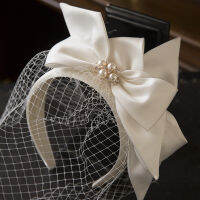 Women Vintage Elegant Net Yarn Solid Color Fedora Ladies England Banquet Wedding Fashion Pearl Headband Female