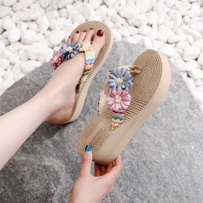 2023 imitation hemp travel bottom sandals Han flip-flops flower beach wedges slippers