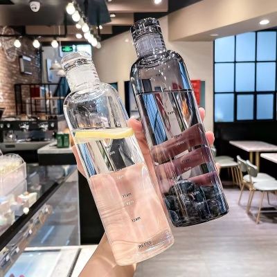 500ml Time Scale Glass Water Bottle Glassware with Time Marker Cover for Water Drink Transparent Milk Juice Glass Bottle