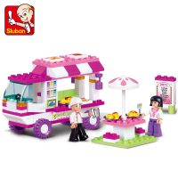 0155 SLUBAN Girl Food Truck Snack Car Model Building Blocks Enlighten Action Figure Toys For Children Building Sets