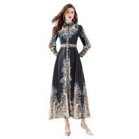 Womens Dress Retro Style 2024-Early Spring Palace Style Lapel Single-Door Placket Lantern Sleeve Retro Printed Black Maxi Dress