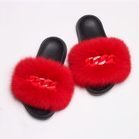 Real Fox Fur Slippers Fluffy Flip Flops Shiny Chain Plush Slippers Furry Fur Slides Home Beach Flat Sandals Women Fashion Shoes