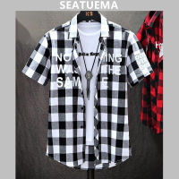 SEATUEMA เสื้อแจ็กเก็ตผู้ชาย,เทรนด์เสื้อเชิ๊ตชายลายสก็อตเสื้อแขนสั้นสำหรับหน้าร้อนเทรนด์ฉบับภาษาเกาหลีเสื้อสุดหล่อลำลอง