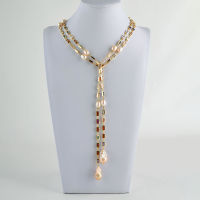 50" Cultured Pink Keshi Pearl Mixed Color Rectangle Cz Pave Long Chain Necklace