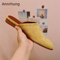 y Point Toe Spring Outwear Mules For Woman Luxury Suede Sewing Flat Heel Slip-on Runway Slippers Women