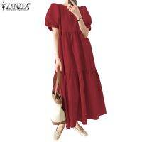 COD DSFGRDGHHHHH ZANZEA Women Summer Korean Puff Sleeve O-Neck Layered A Line Beach Sundress Long Dress