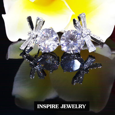 INSPIRE JEWELRY  ต่างหูฝังเพชรสวิสรูปเพชรเม็ดใหญ่ผูกโบว์งามตา เล่นไฟสุดๆ โดดเด่นทุกการแต่งตัว  งานจิวเวลลี่  white gold plated / diamond clonning