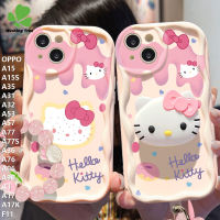 เคสสำหรับ OPPO A15 A15S A35 A31 A32 A53 A57 A77 A77S A36 A76 A96 A98 A17 A1 F11การ์ตูนน่ารักเฮลโลคิตตี้เคสโทรศัพท์ซิลิโคนนิ่มขอบคลื่นพร้อมสายรัดข้อมือ