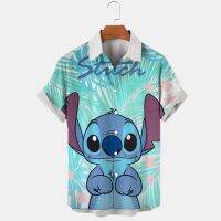 เสื้อเสื่อตัวบนคาวาอิชายพิมพ์ลายแฟชั่น Lilo Stitch ใหม่เสื้อปัก Kemeja Kartun แบบตลกเสื้อเชิ้ตผู้ชายบูติกชายหาดฮาวาย