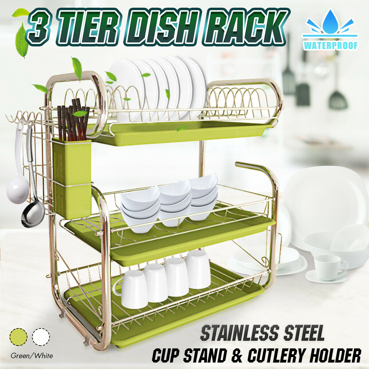 3 Tier Stainless Steel Dish Drainer Cutlery Rack Organiser Kitchen Drip 