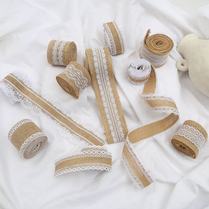 2M/Roll Natural Jute Burlap Ribbon With White Lace Trim Edge Rustic ...