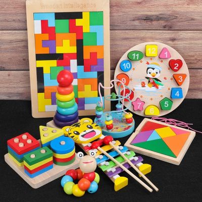 Montessori Wooden Toys Rainbow Blocks Kid Learning Game Baby Music Rattles Graphic Colorful Wooden Blocks Educational Toy