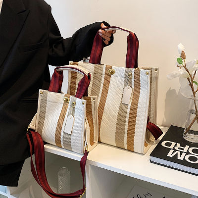 Fashion Striped Canvas Tote Bag Popular Lock Contrast Color Shoulder Messenger Bag