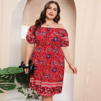 Hot-Selling Bohemian Red Print Dress Fat Mm Collar Loose Size Skirt